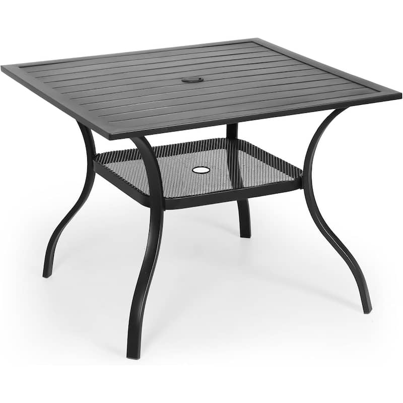37" Black Square Outdoor Patio Metal Steel Slatted Dining Table with Umbrella Hole