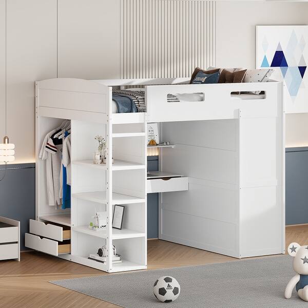 slide 2 of 48, Loft Bed with Desk, Wardrobes, 4 Drawers and 4 Shelves Full - White