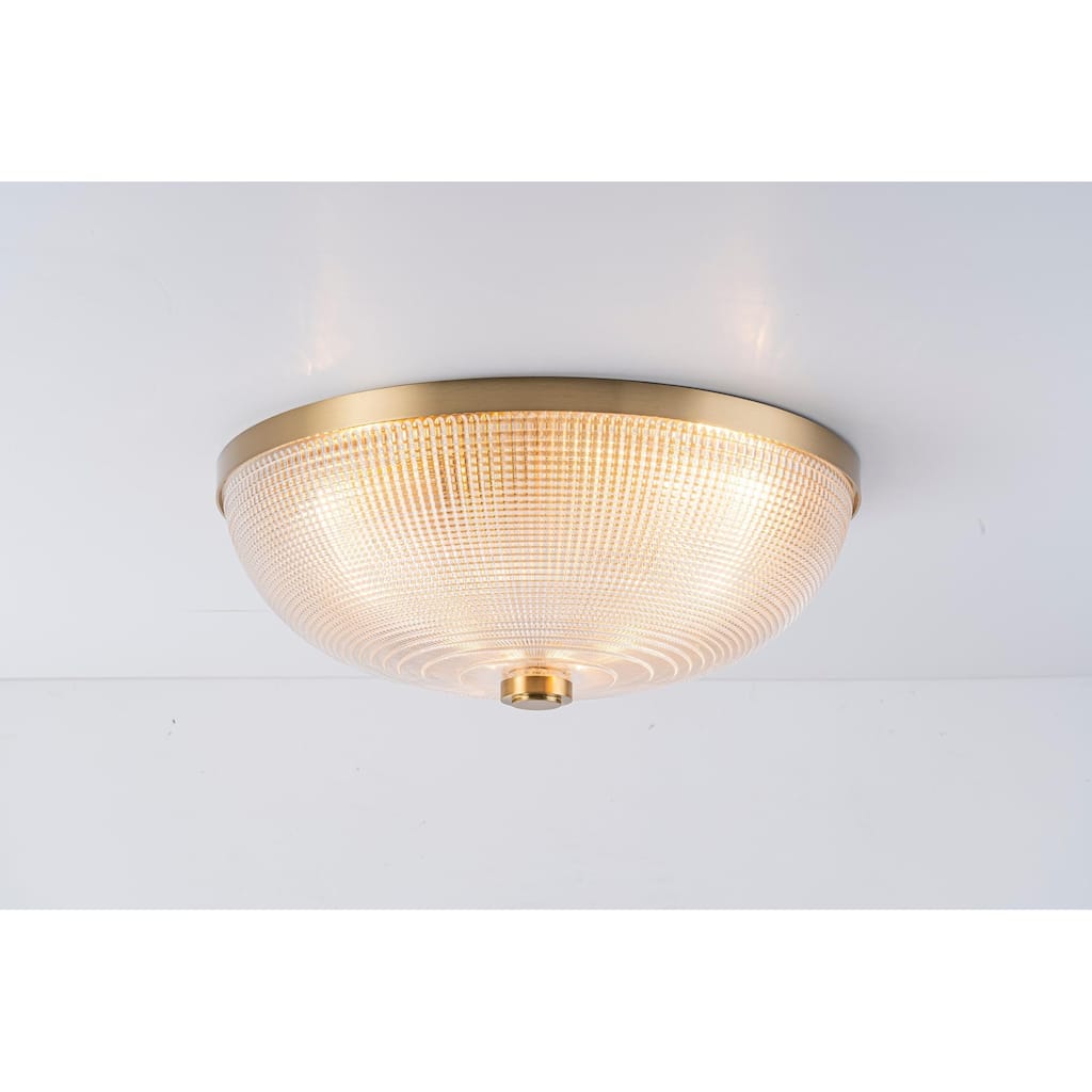 3-Light Industrial Gold Semi Flush Mount Lights with Grid Textured Glass - Brass