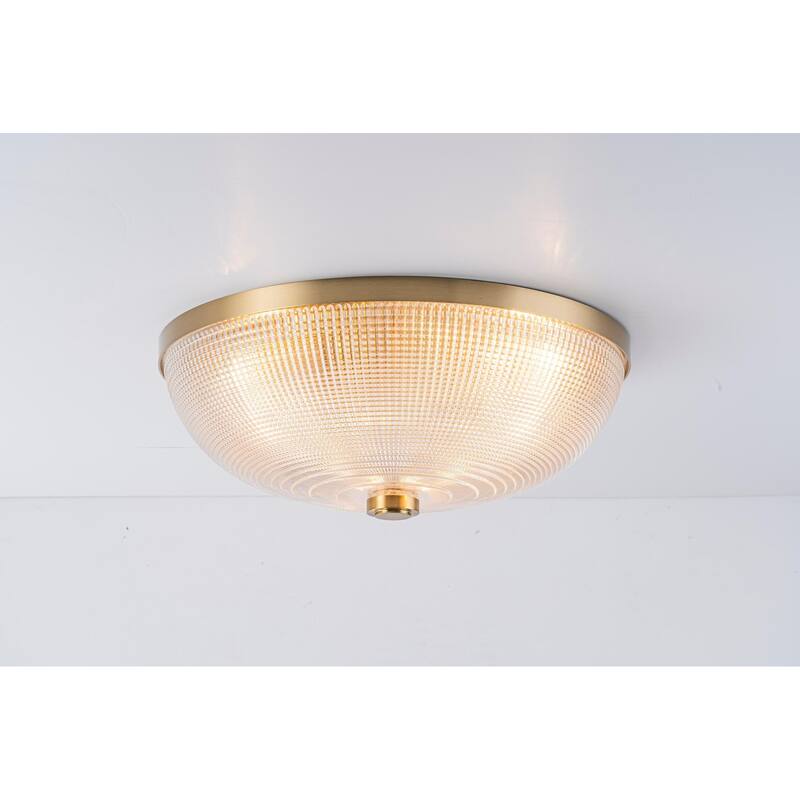 3-Light Industrial Gold Semi Flush Mount Lights with Grid Textured Glass - Brass