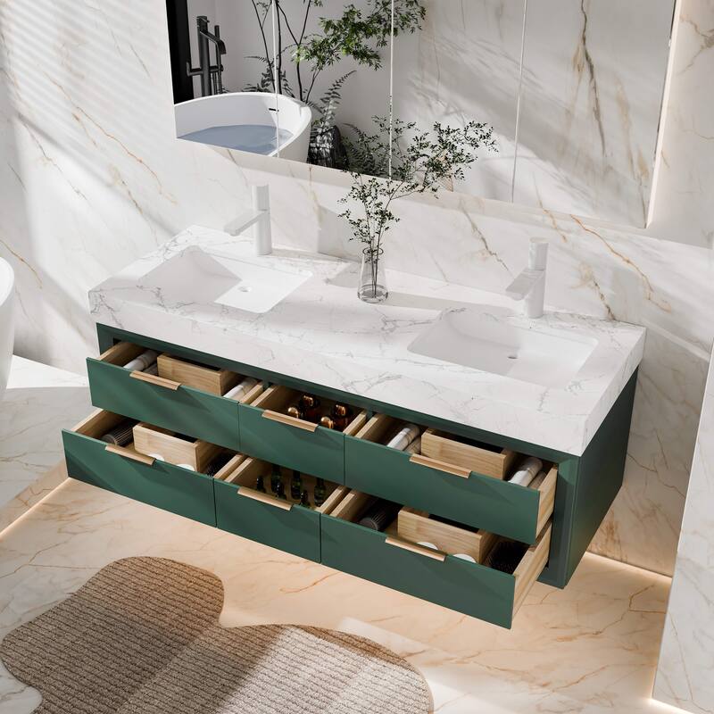 Modland 60" Modern Floating Bathroom Vanity with Double Sink, Soft-Close Drawers, White Stone Countertop