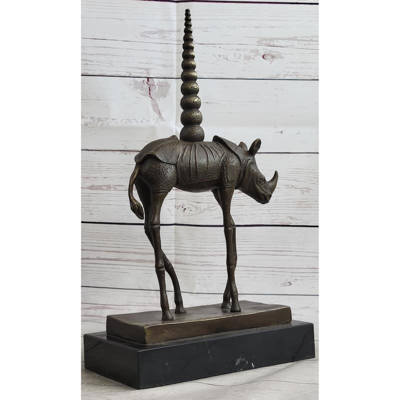 Salvador Dali Cosmic Rhinoceros Surreal Rhino Bronze Sculpture Statue On Marble Base