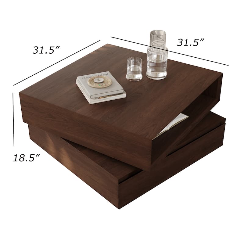 31.5" Mid Century Square Wood Coffee Table,Swivel Two-tier Coffee Table, Brown