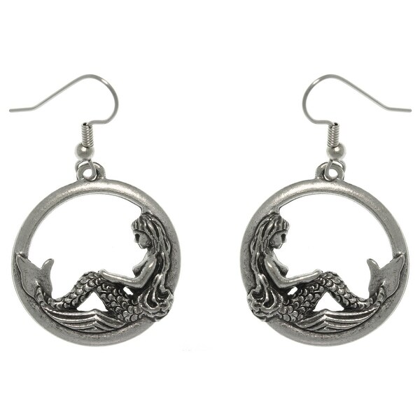 Pewter Beautiful Mermaid on Waves Round Hoop Dangle Earrings