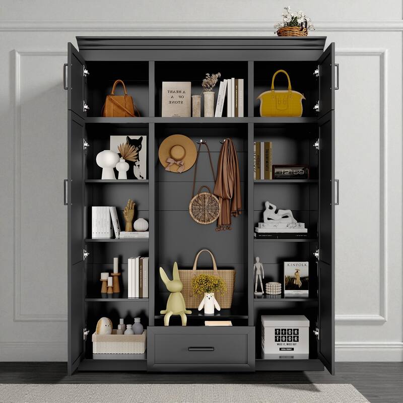 85.2'' H Modern Hall Tree with Bench, 4 Doors, 3 Hooks & Drawer, Entryway Storage Cabinet with Adjustable Shelves