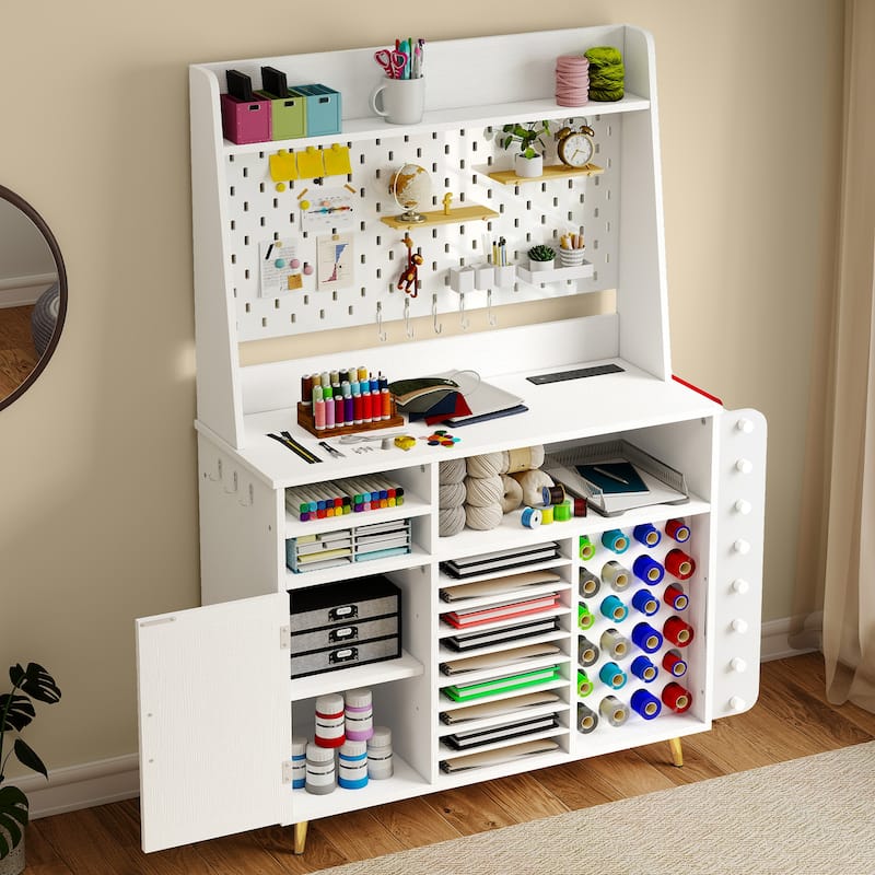 Moasis Craft Table with Storage Cabinet, USB Ports and AC Outlets, Crafting Organizer Compatible with Cricut Machine