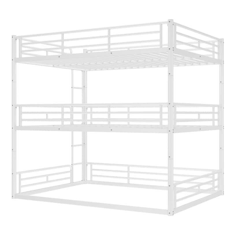 Queen over Queen over Queen Bunk Bed, Metal Triple Bunk Bed with Safety Guardrails, Bunk Bed with Noise-reduced Design