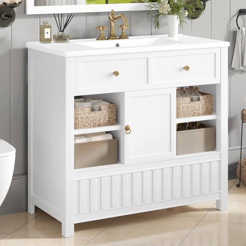 36" Bathroom vanity with sink, multi-functional bathroom cabinet with doors and storage shelves, featuring drawers - White