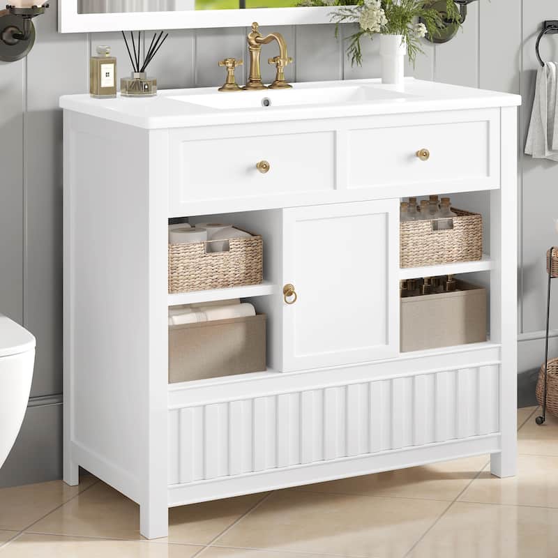 Roomfitters 36 Inch Bathroom Vanity with Sink, Solid Wood Cabinet with Side Shelves and Drawer