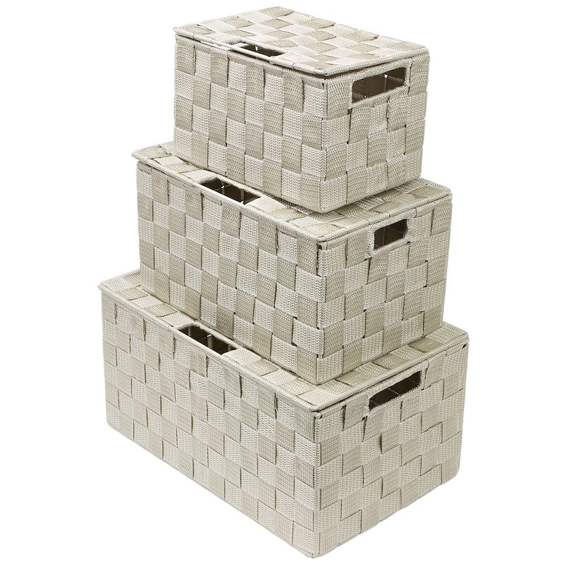 Storage Box Woven Basket Bin Container Tote Cube Organizer Set Stackable Shelf Organizer Built-in Carry Handles (3-Piece)
