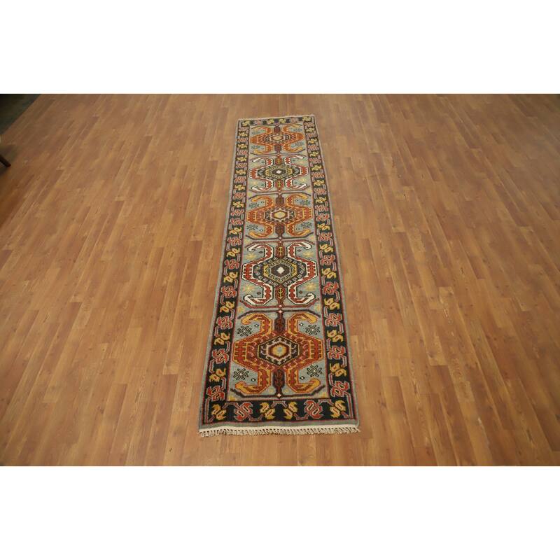 Hand Knotted Oriental 100% Wool Carpet Traditional Geometric Oranges & Rust Kazak Runner Rug - 9' 9'' X 2' 6''