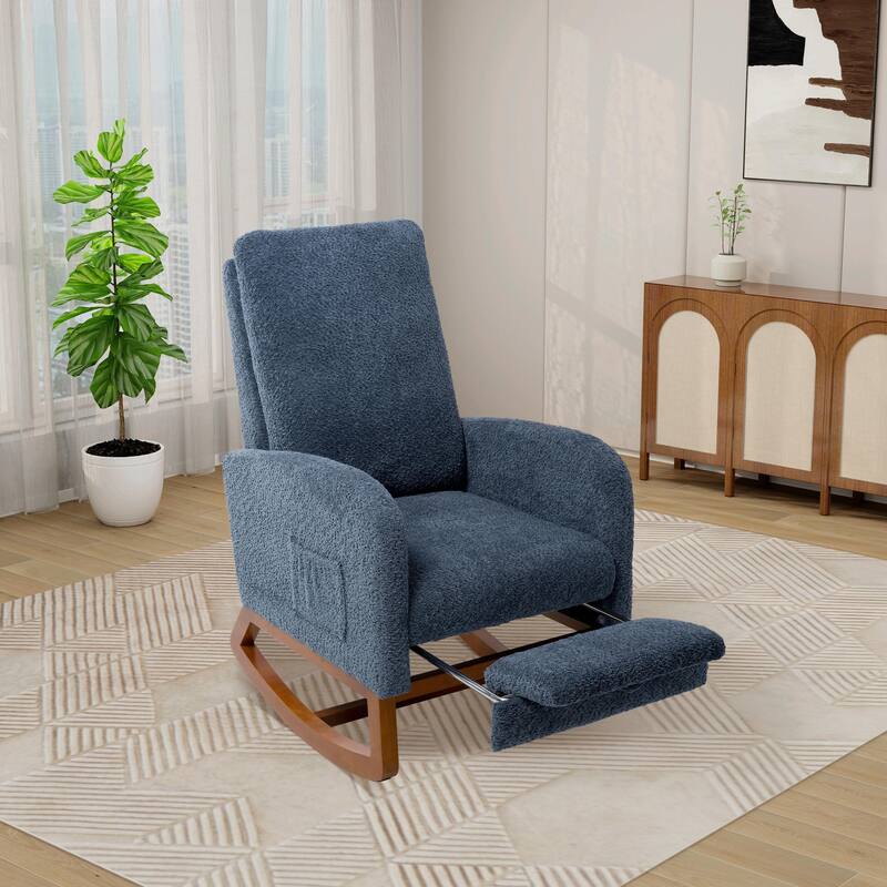 Nursery Rocking Chair, High Back Glider with Retractable Footrest, Side Pocket, Rubberwood Legs for Living Room, Bedroom
