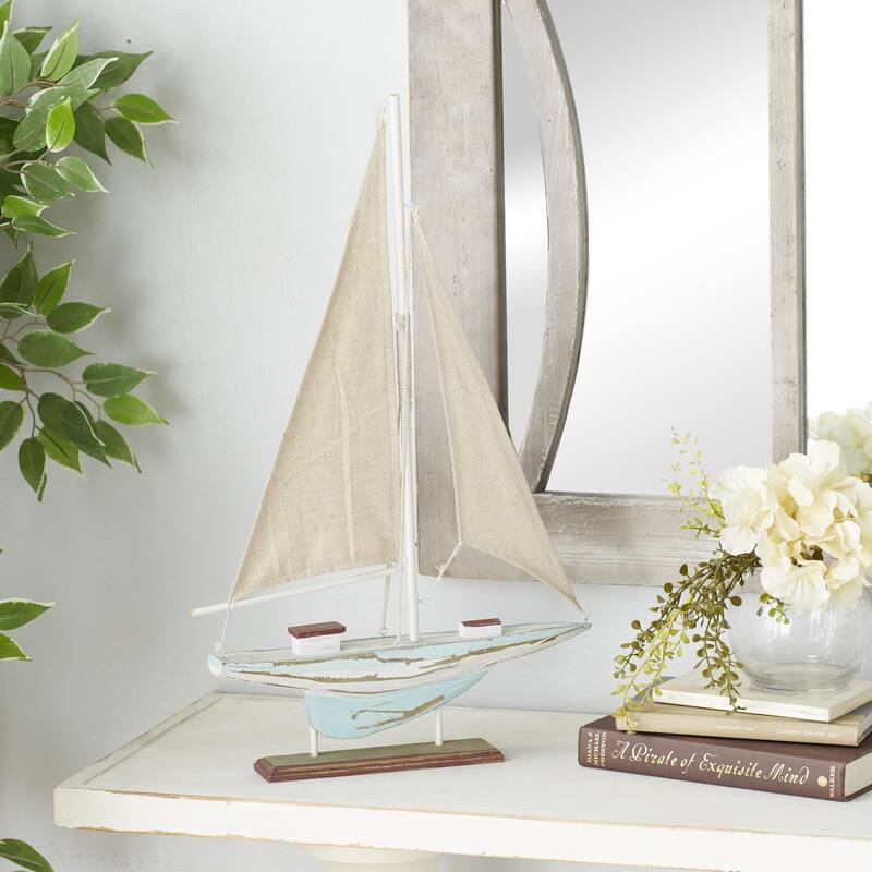 Blue Wood Distressed Sail Boat Decorative Sculpture with Cream Linen Sails and Brown Accents
