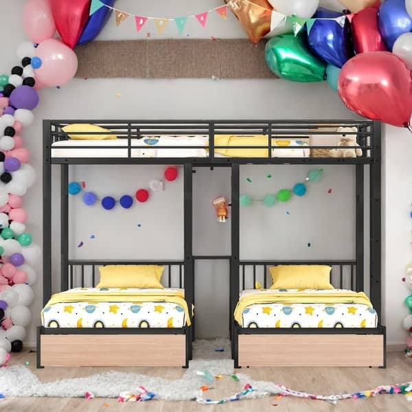slide 2 of 15, Modern Full Over Twin & Twin Triple Bunk Bed with Drawers,Desks and Shelves In The Middle