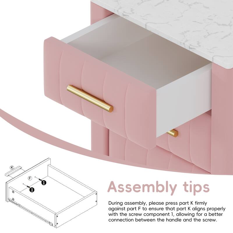 Upholstered Wooden 3-Drawer Nightstand - Metal Legs/Handles + Marbling Sticker Top Bedside Table (Pink)