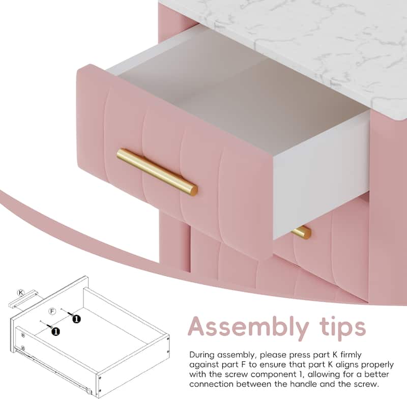 Upholstered Wooden Nightstand Featuring Three Drawers With Metal Legs And Handles.