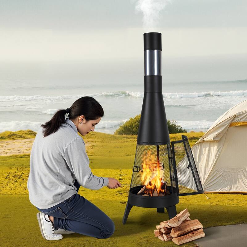 20 Inch Chiminea Outdoor Wood Burning Firepit with Grill Mesh & Chimney Coat