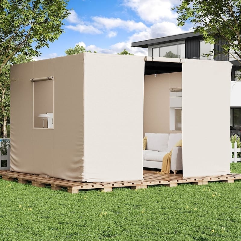 Outdoor Louvered Pergola with Optional Winter Cover – Adjustable Hardtop Gazebo, Steel Frame - 12x12 ft - Beige Cover