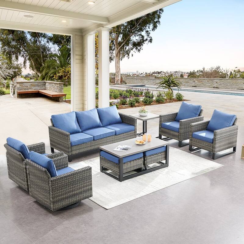 Gymojoy PE Wicker Sofa Rocking Chair Ottoman Set of 9 Weather-resistance - Grey - Blue