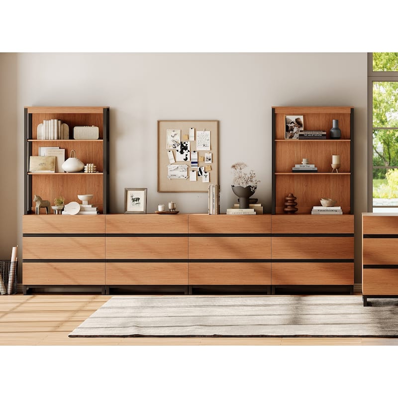 WAMPAT Modern TV Stand with 3 Tiers Bookshelf, Farmhouse Entertainment Center with 12 Drawers and Adjustable Shelf