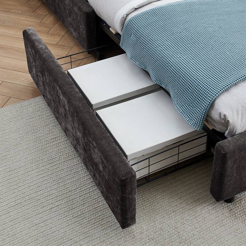 Modern Queen Size Upholstered Bed with Drawers, Velvet Fabric, Dark Grey