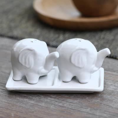 Novica Handmade Eager Elephants In White Ceramic Salt And Pepper Set