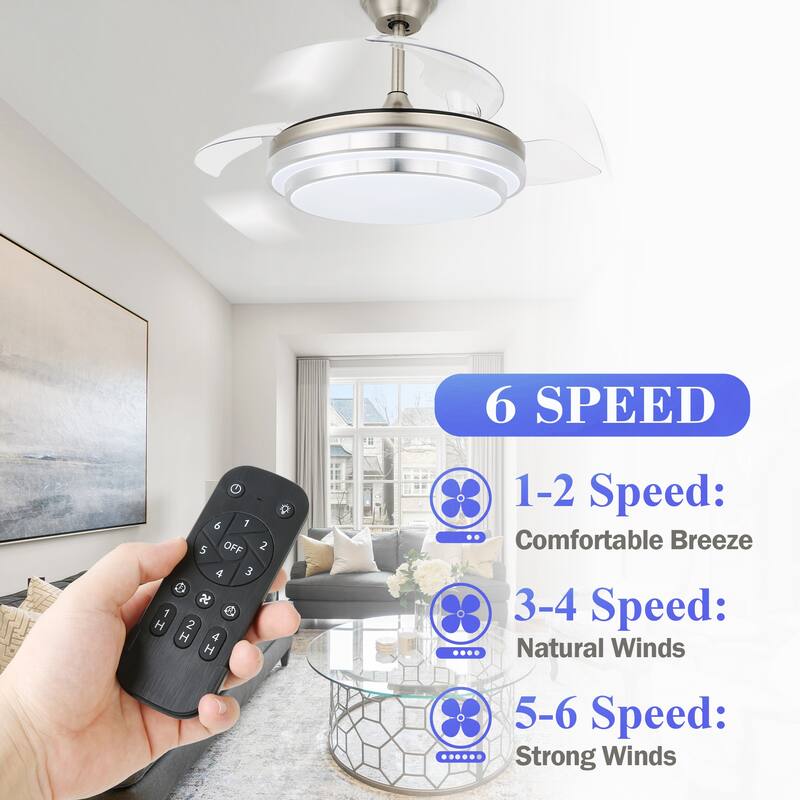 Bella Depot 42" Retractable Ceiling Fan with LED Light, 6-Speed Reversible Ceiling Fan with Remote Control - 42 inches