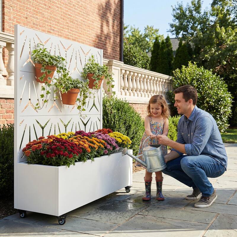 Metal Galvanized Planter Box with Trellis Privacy Screen Lockable Wheels