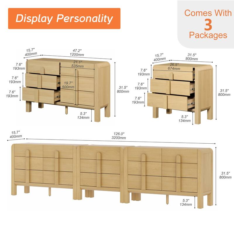 WAMPAT 3-Piece Dresser Set For Bedroom, 125.9" Large Mid Century Dresser For Closet, Curved Profile Wooden Chest Of Drawers
