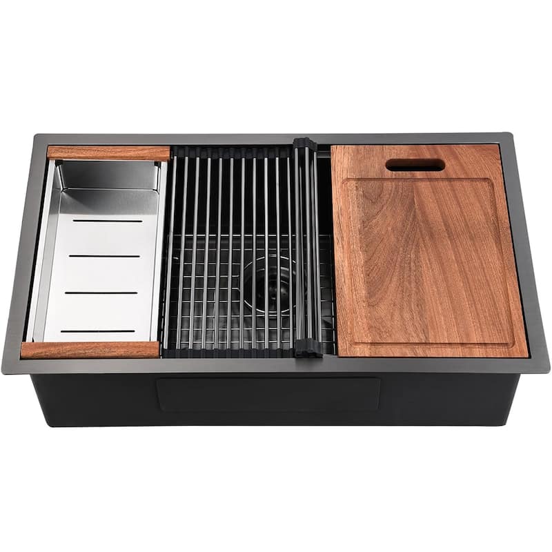 32" Gunmetal Black Undermount Workstation Sink - 16 Gauge Stainless Steel, 19" x 10" Deep, Handmade R10 Design with Accessories - Gunmetal Black