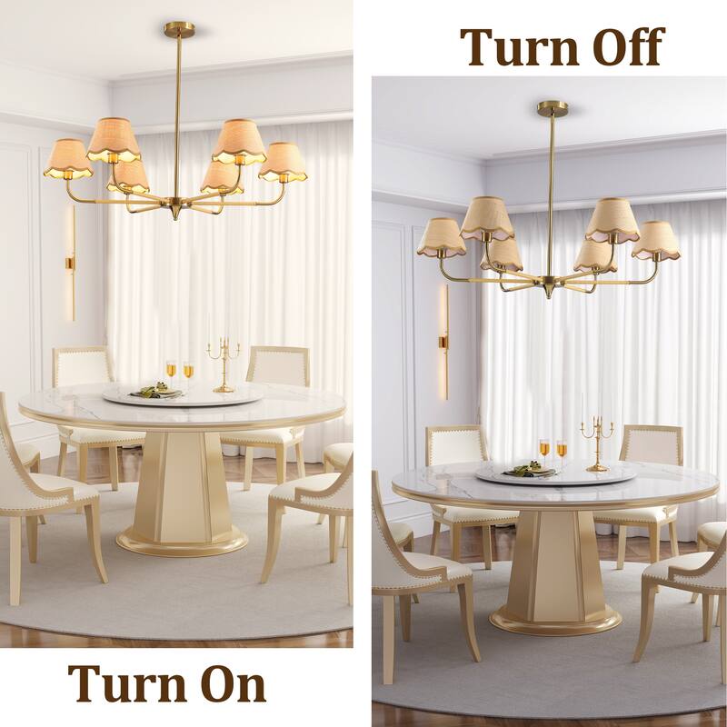 38" Gold 6-lamp Chandelier with Hand-Woven Rattan Lampshade, Mid-Century Hanging Pendant Light Fixture (Bulb Not Included)