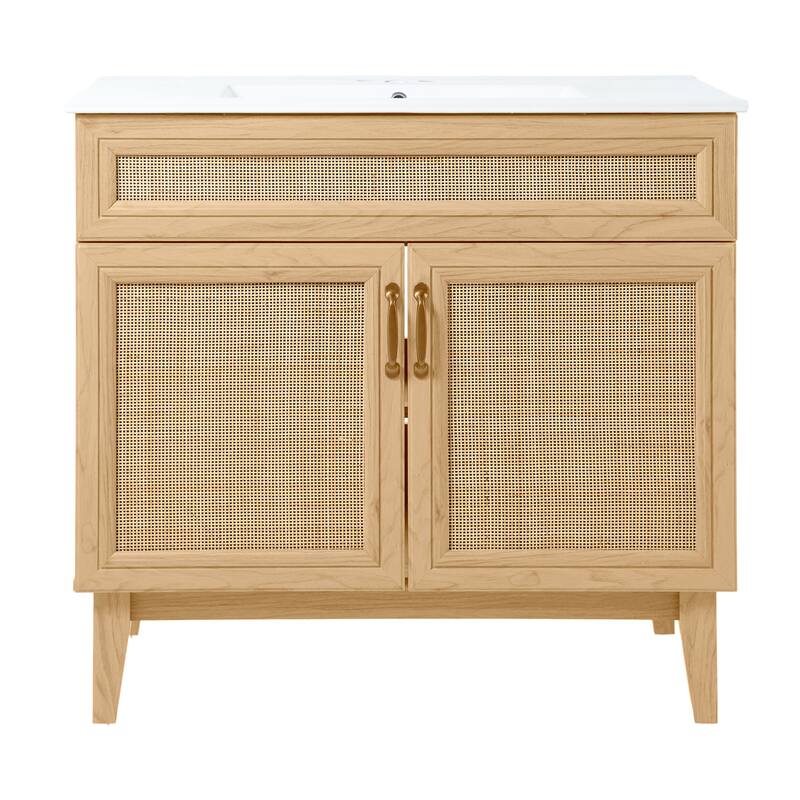 Ancillary Rattan Modern Farmhouse 2-Shelf Bath Vanity Cabinet Only (Sink Basin not Included), by JONATHAN Y - 36 in. - Oak
