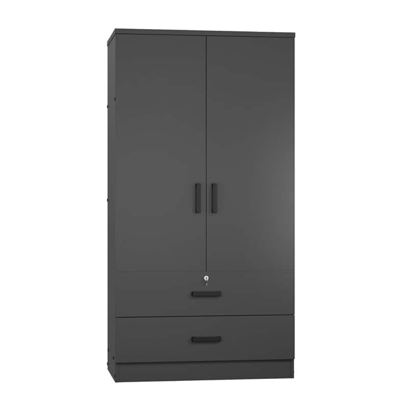Wood Black Wardrobe Closet With 2 Doors And 2 Drawers ,Bedroom Freestanding Armoire Storage Cabinet With Shelves