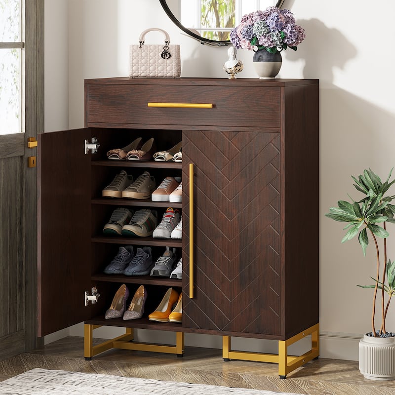 Modern Shoe Cabinet with a Drawer and 5 Adjustable Shelves - Walnut