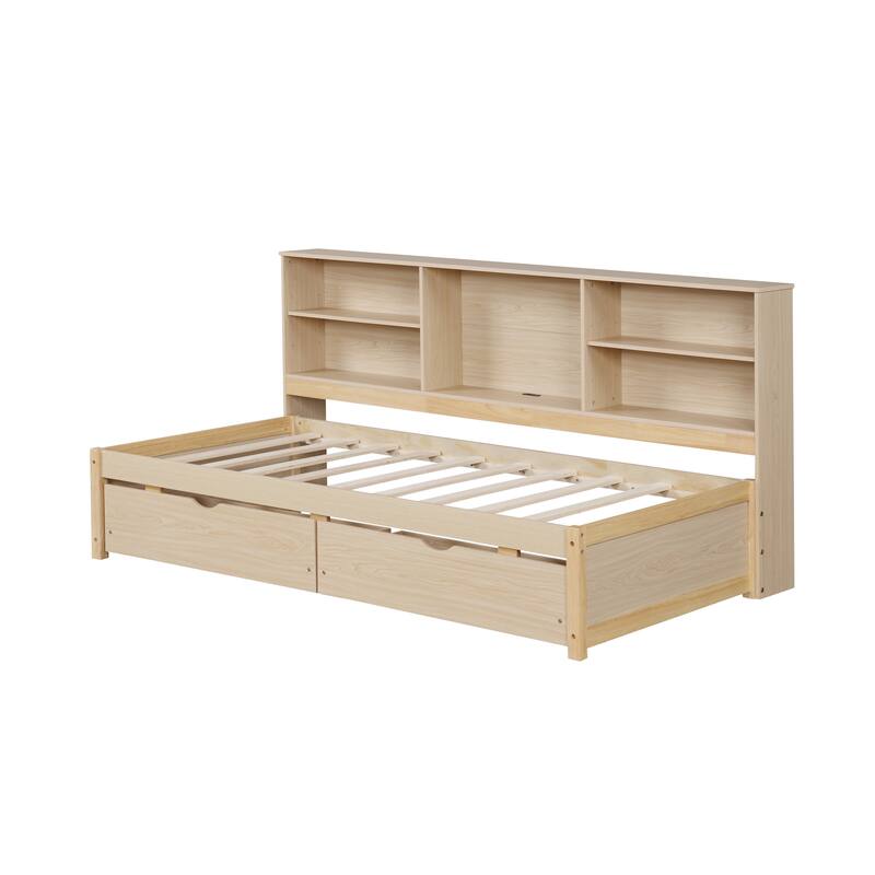 Twin Size Platform Bed with Built-in Bookcase, Adjustable Shelves, USB Charging Station, 2 Storage Drawers
