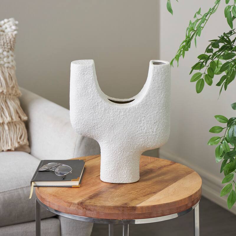 Ceramic Abstract Curved Vase with Dual Openings and Speckled Texturing - White - Roche River Decor - 5"W x 12"L x 14"H