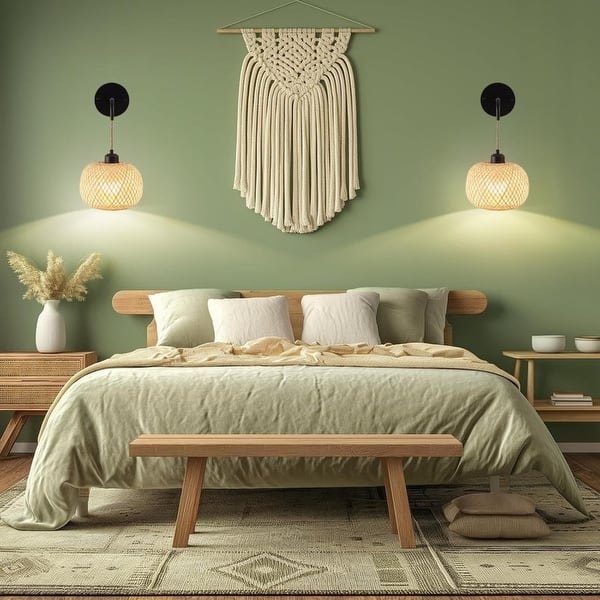slide 2 of 5, 2 Pack wall sconces black wall lighting bamboo, metal wireless wall sconce