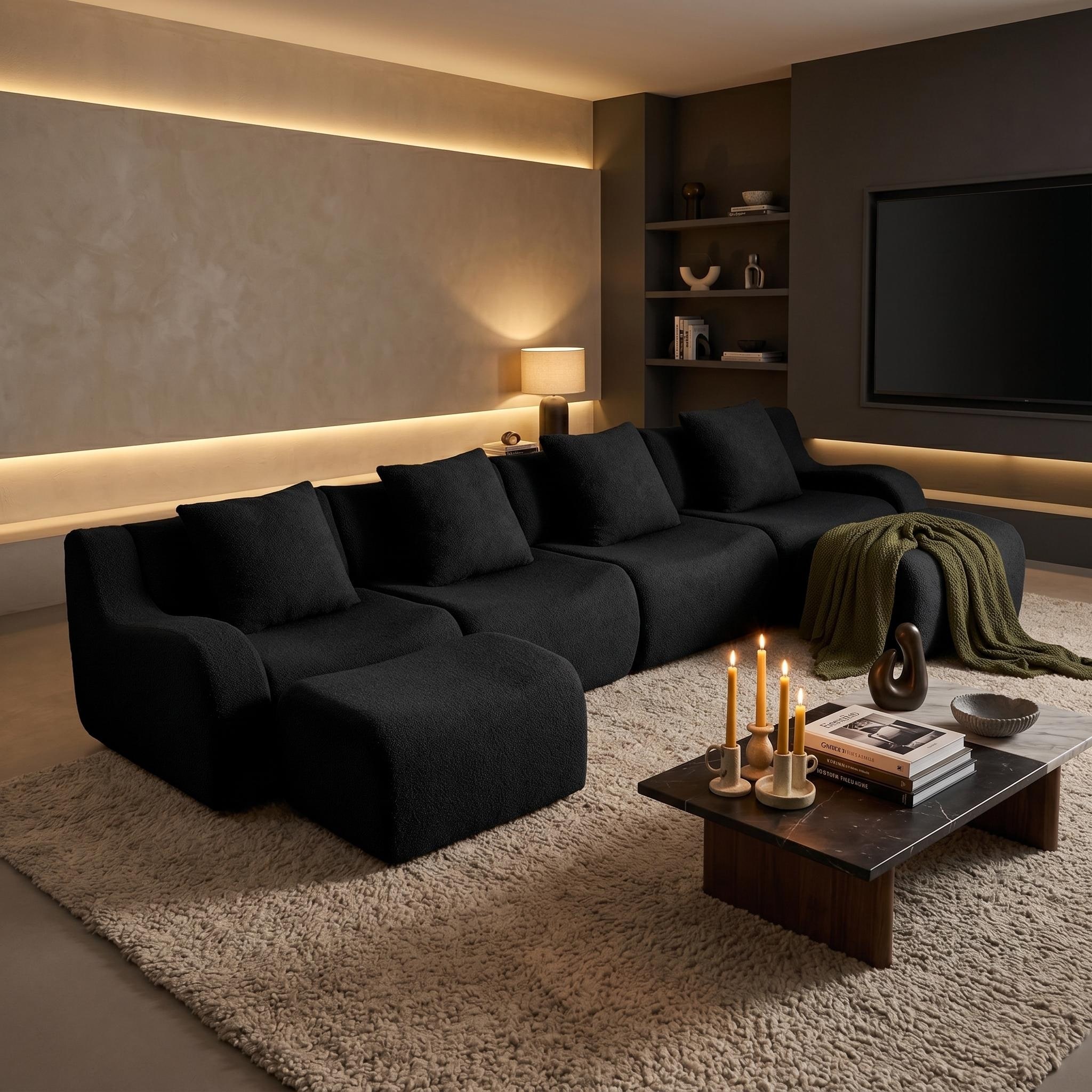 FurnitureR U-Shaped Boneless Sofa, Modular Teddy Fabric Floor Sofa with Curved Armrests, No Assembly Required