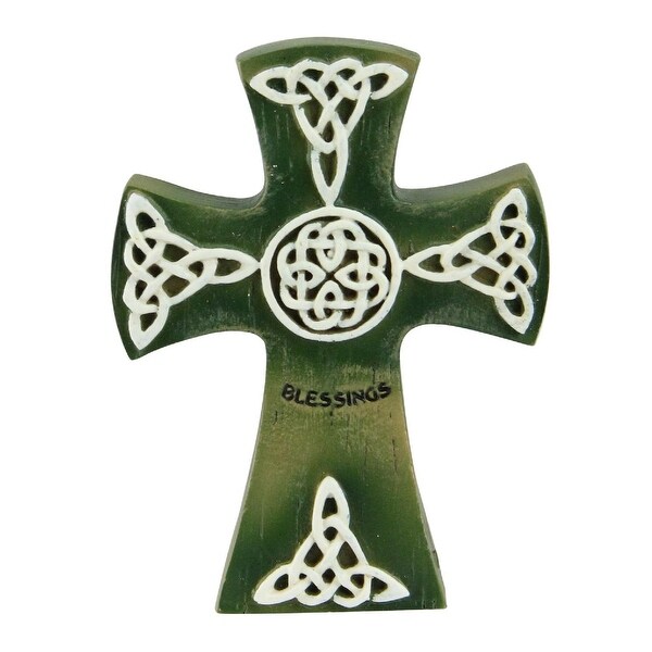 4" Green and White Irish Cross with a Celtic Design and a "Blessings" Inscription - N/A