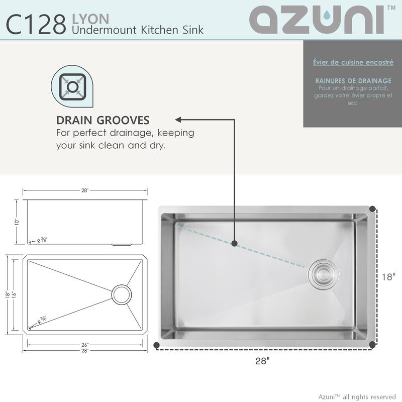 AZUNI 28 inches L x 18 inches W Single Bowl Undermount 16G Reversible Kitchen Sink with Grid and Basket Strainer C128