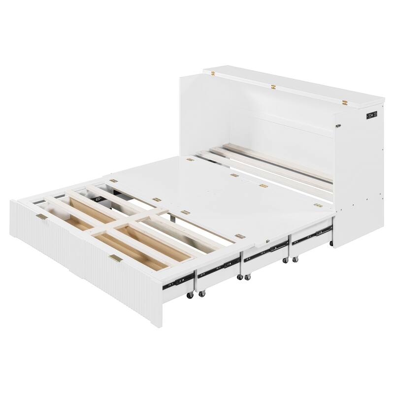 Queen Size Wall Bed with Drawer, USB Ports & Smooth Pulley Mechanism, Space-Saving White Cabinet Bed