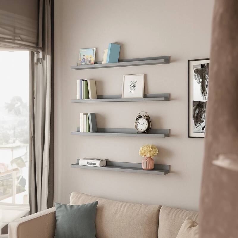 Yuli Wall Shelf Set of 4, Contemporary Gray, Raised Ledge Design 32 Inch