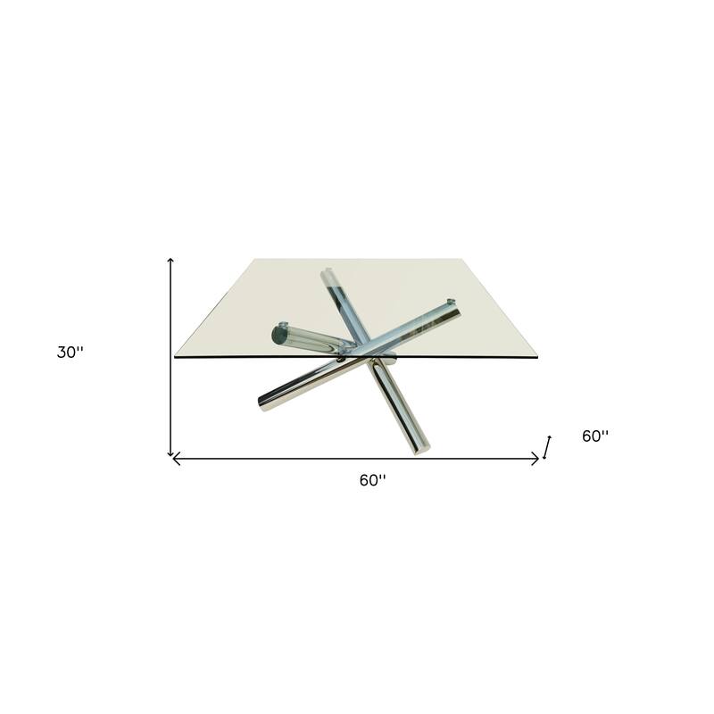 HomeRoots 60" Clear and Silver Glass and Metal Cross Leg Base Square Dining Table - 60.00 in. x 30.00 in. x 60.00 in.