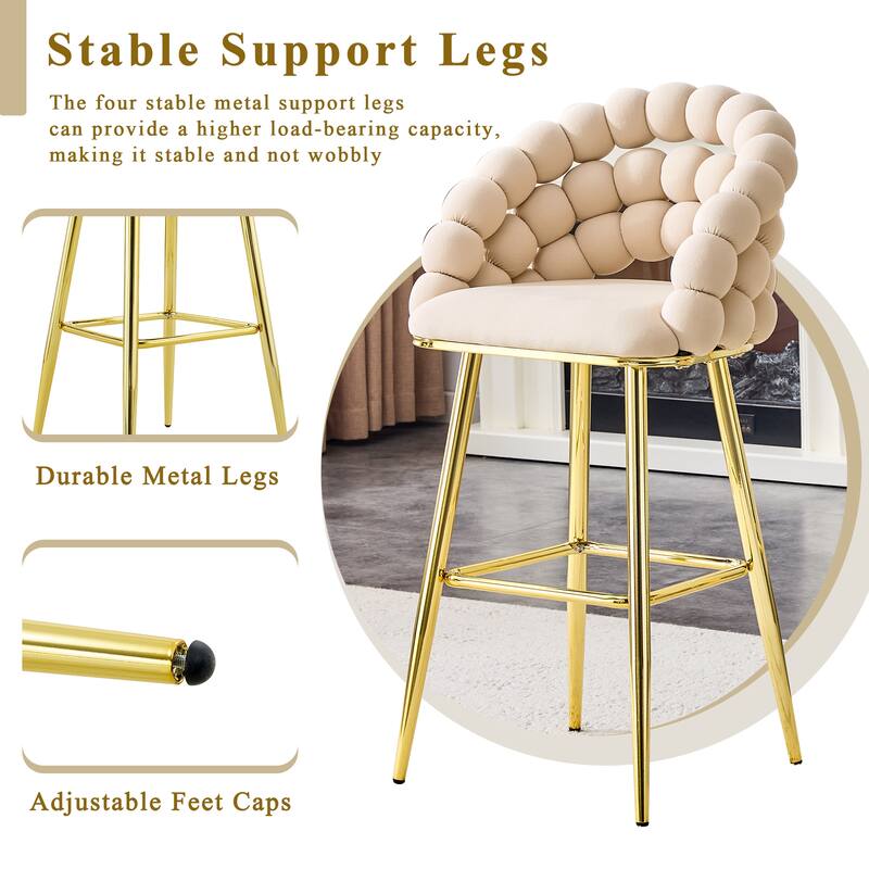 Set of 2 Puffy Bubble Chair Ball Chain Chair Velvet Bar Stools with Gold Legs, Modern Tufted Accent Bar Chairs