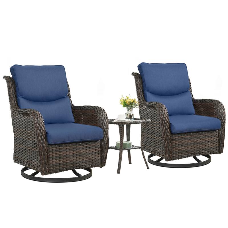 3 Pieces Outdoor Gliders Swivel Chairs with Table with 5-Inch Thick Cushions