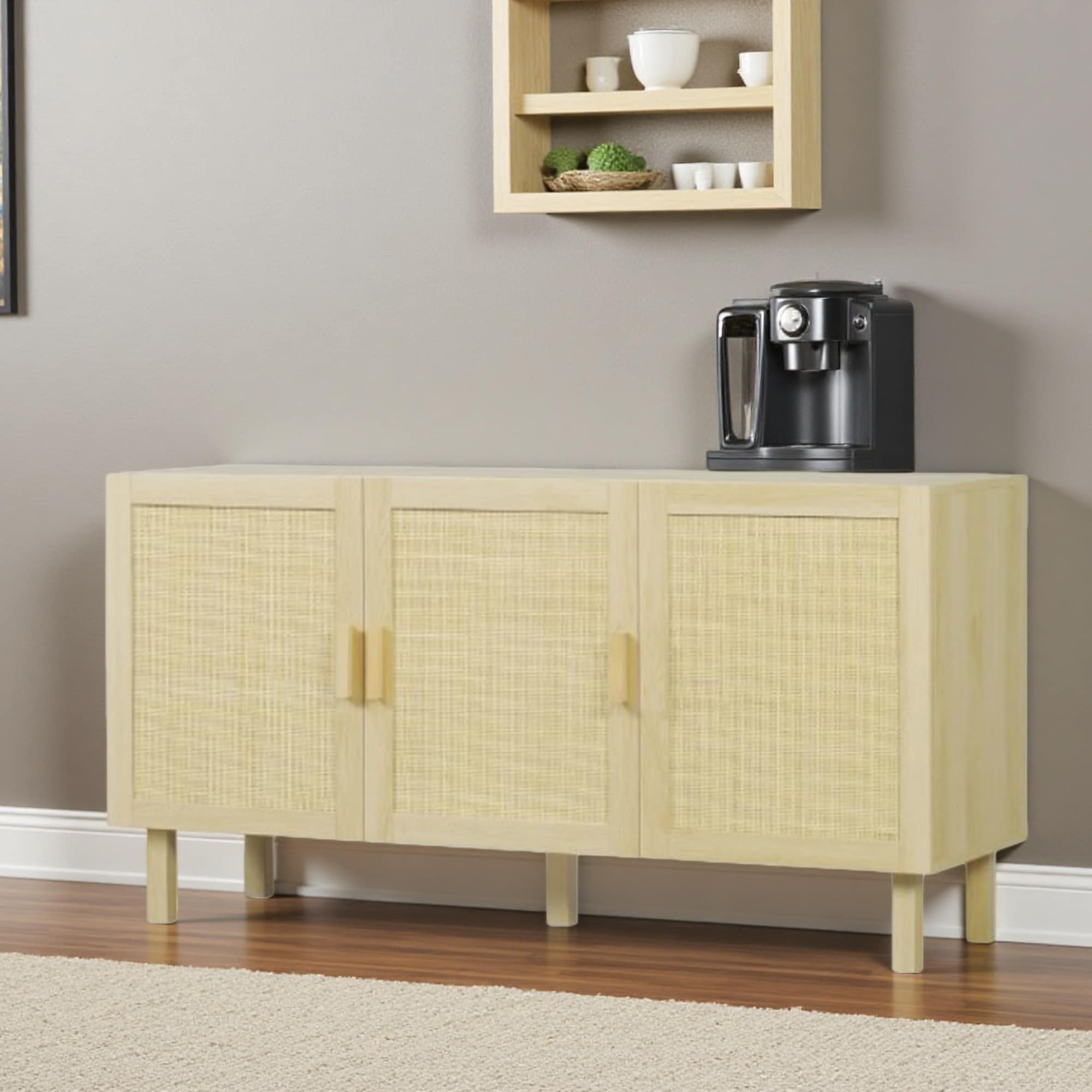 53.5" Wood Woven Rattan Door Buffet Cabinet with Adjustable Shelves and Storage for Kitchen Dining Room