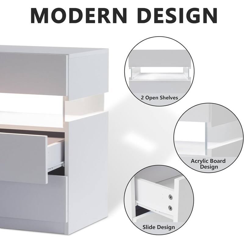 White LED Nightstands with Acrylic Board and RGB LED Light - Modern End Table for Bedroom