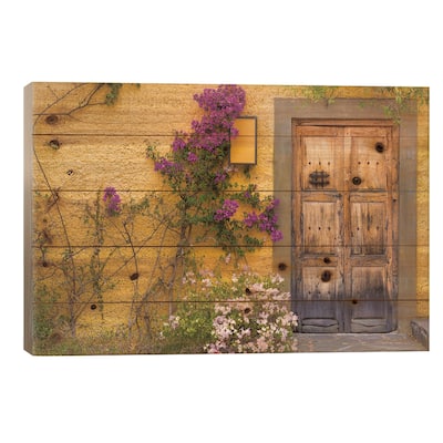 Bougainvillea Next To A Wooden Door, San Miguel de Allende, Guanajuato, Mexico Print On Wood by Don Paulson - Multi-Color