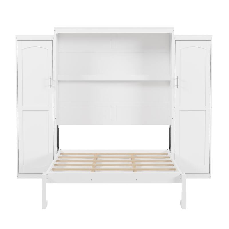 Full Wood Murphy Bed with Double Wardrobes & Storage Shelf, Foldable Platform