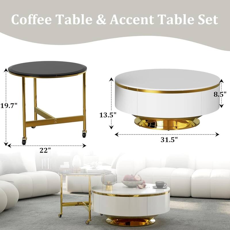 Nesting Coffee Table Set with End Table Round Coffee Table with 2 Storage Drawers